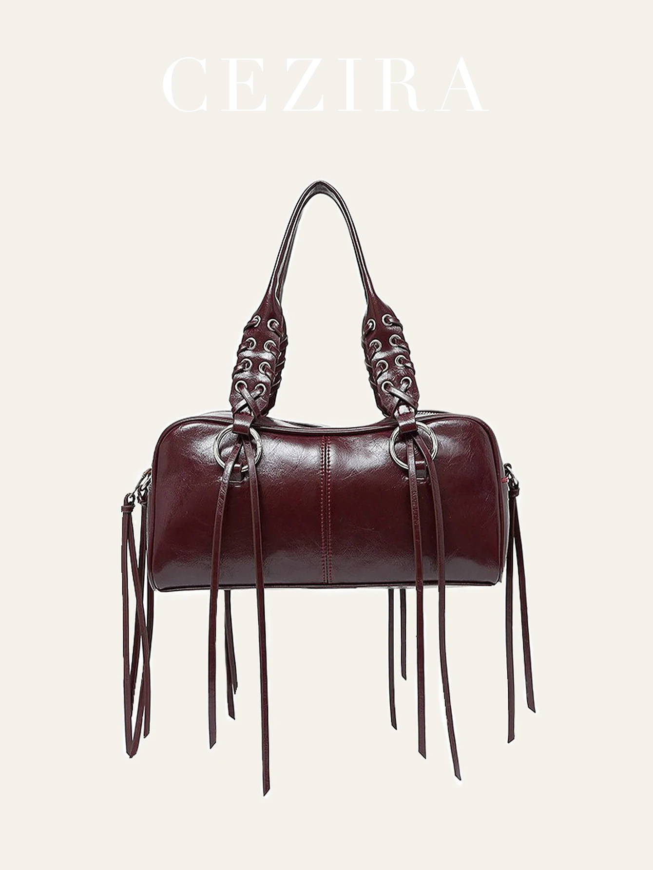 

CR женская модная сумка из искусственной кожи с заклепками и кисточками, бостонская сумка с люверсами и верхней ручкой, регулируемый длинный ремешок, кошелек через плечо