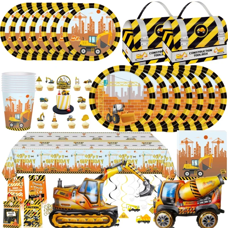Decoración de Cumpleaños de Construcción, Vehículos de Ingeniería, Vajilla Desechable, Vasos, Platos, Mantel, Artículos para Fiestas de Bebés y Niños