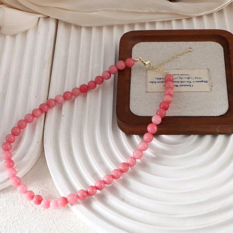 

Minar Textured 8mm Pink Color Round Natural Stone Beaded Necklace for Women Handmade 14K Real Gold Plated Copper Chain Chokers