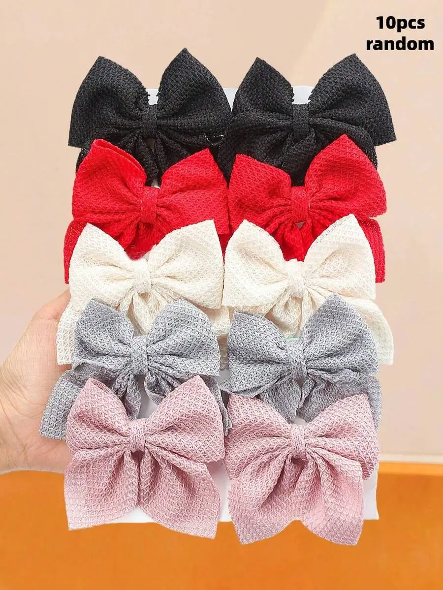 

10pcs Random Bow Hair Clips For Women, Woven Fabric Hair Accessories In Black Red White Gray Pink