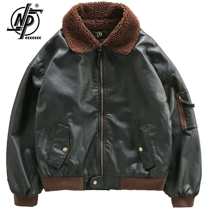 

Winter Thick PU Leather Coat for Men Black Soft Leather Bomber Jacket Lambswool Fleece Turndown Collar Motorcycle Coat 2023