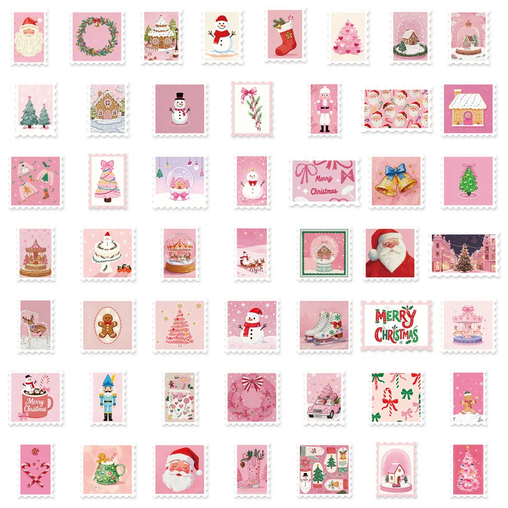 50PCS Pink Christmas Stamp Fun Sticker Set DIY Booklet Scrap Book Decorative Notebook Water Cup Christmas Label Stickers