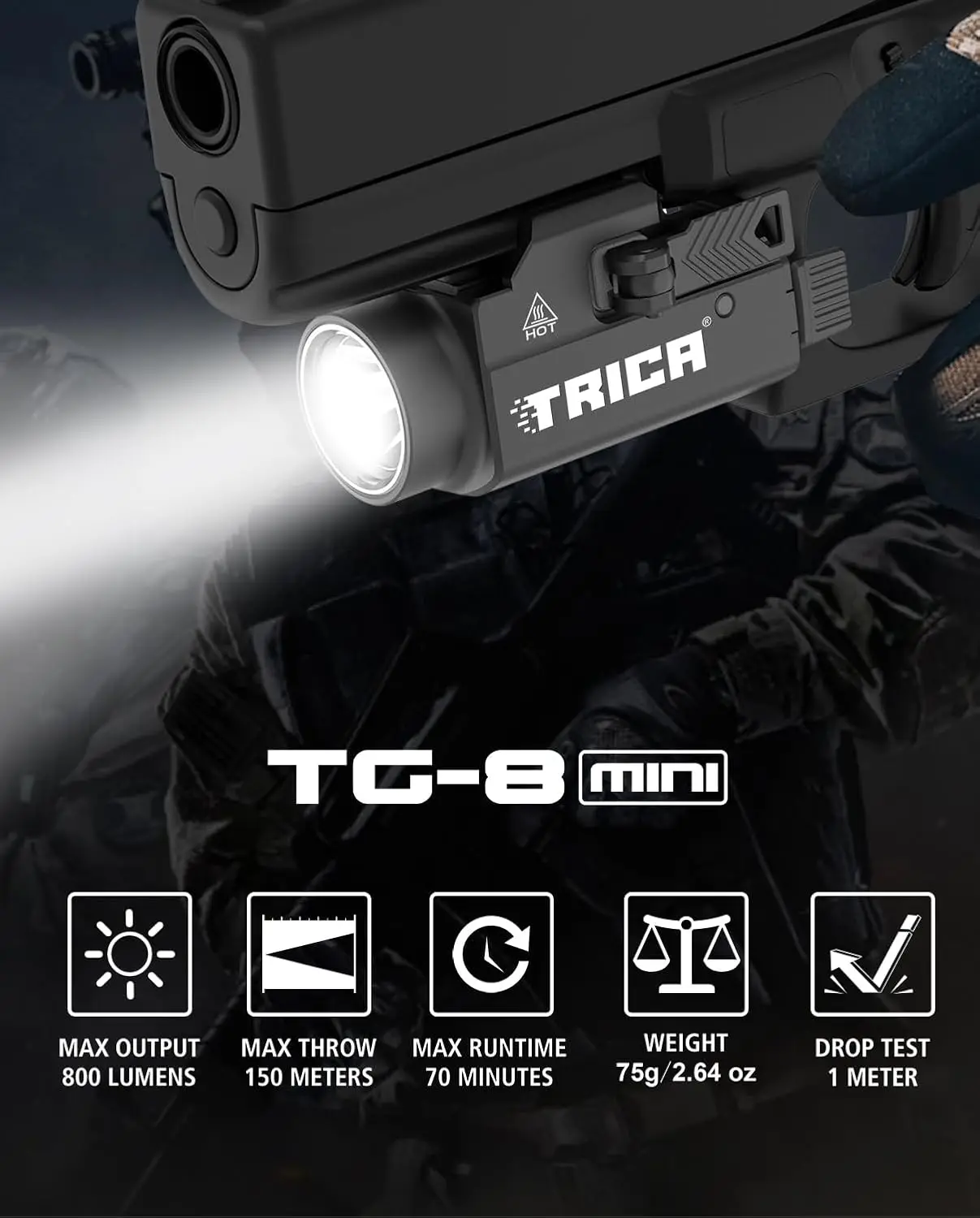 800 Lumens Compact Pistol Light, USB Rechargeable Rail-Mounted Tactical WeaponLight with Adjustable Rail, Quick Release Mini Han