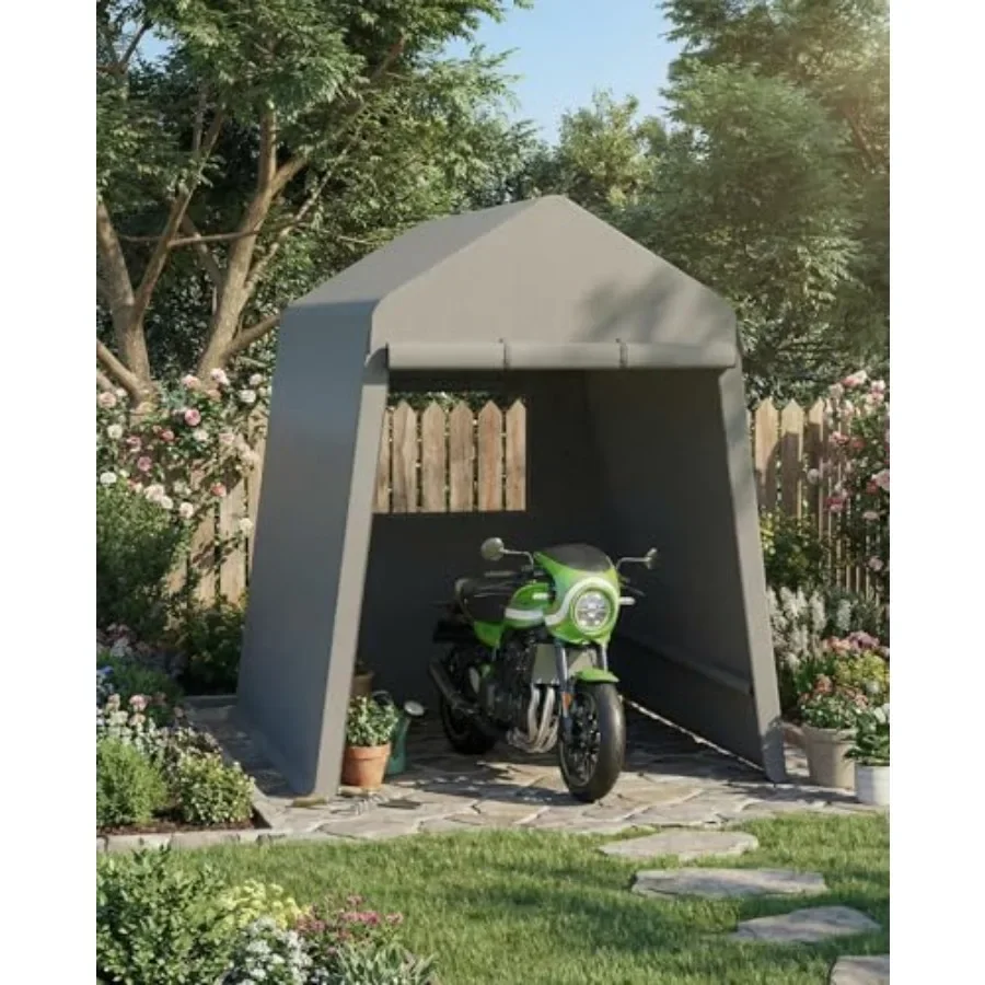 6X8 Feet Outdoor Storage Shed for backyard use, durable polyethylene material, grey color, features 2 rolled up zipper doors fo