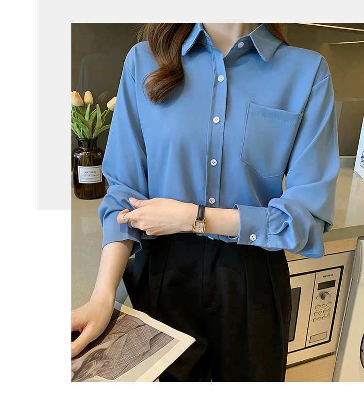 Branco bolso escritório senhoras camisa blusa feminina primavera moda sólida camisas de manga longa para mulher 2024 outono simples preto topo