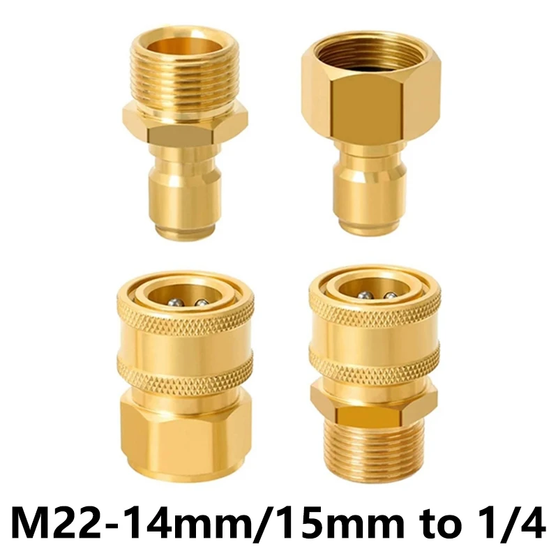 Brass M22-14mm/15mm to 1/4 Inch Pressure Washer Adapter Set Quick connection & Disconnect for Power Washer Hose Pump 5000 PSI