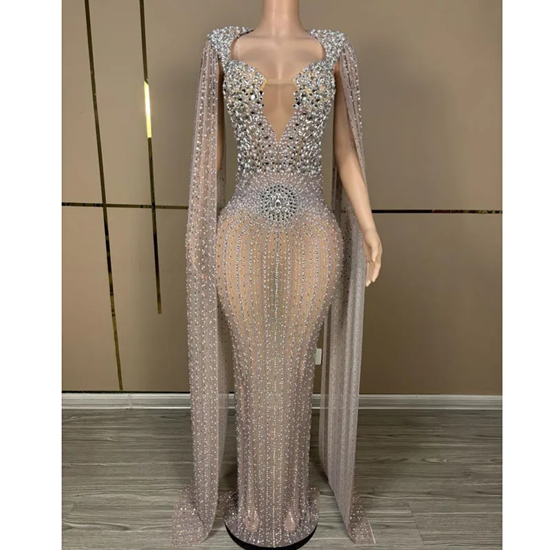 Abito aderente con scollo a V profondo scintillante di lusso, grande cristallo trasparente, strascico lungo, abito da celebrazione di compleanno, abito da ballo per matrimonio da sera