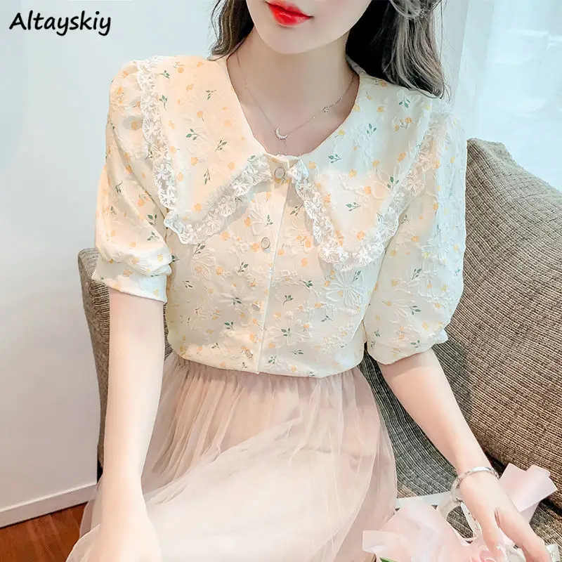 Shirts Women Floral Kawaii Summer Sweet Mujer Slim Elegant Simple Ins Lace French Style Students Stylish All-match Young Chic