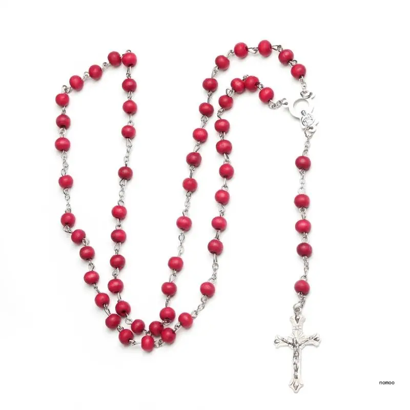 Natural Necklace Catholic Red Rosary Christian Crossed Necklace Handwoven Ornament Hip Hop Clothing Accessories