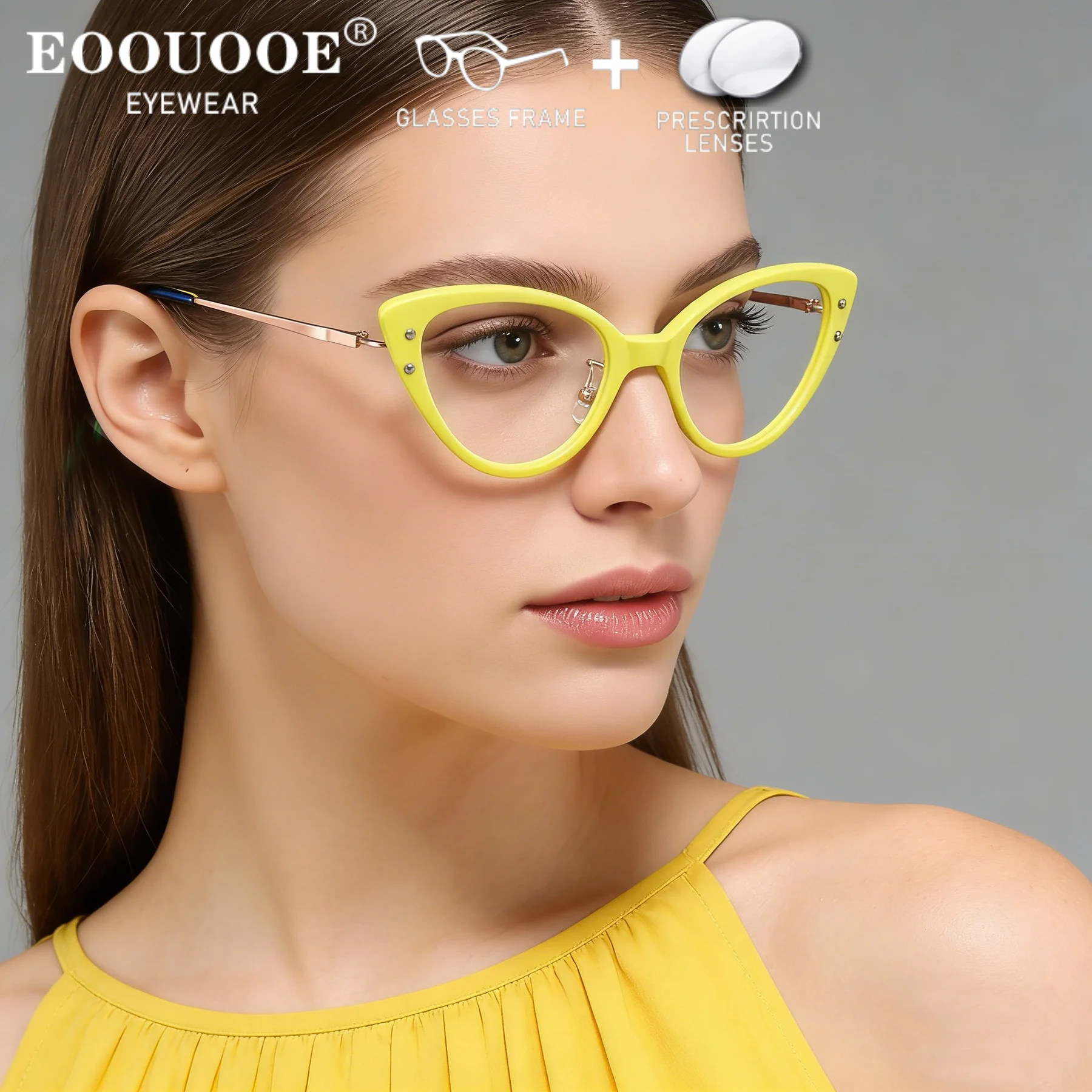 

Fashion Yellow Cat Eyewear Women Acetate Glasses Optical Prescription Recipe Progressive Myopia Computer Anti Blue Light