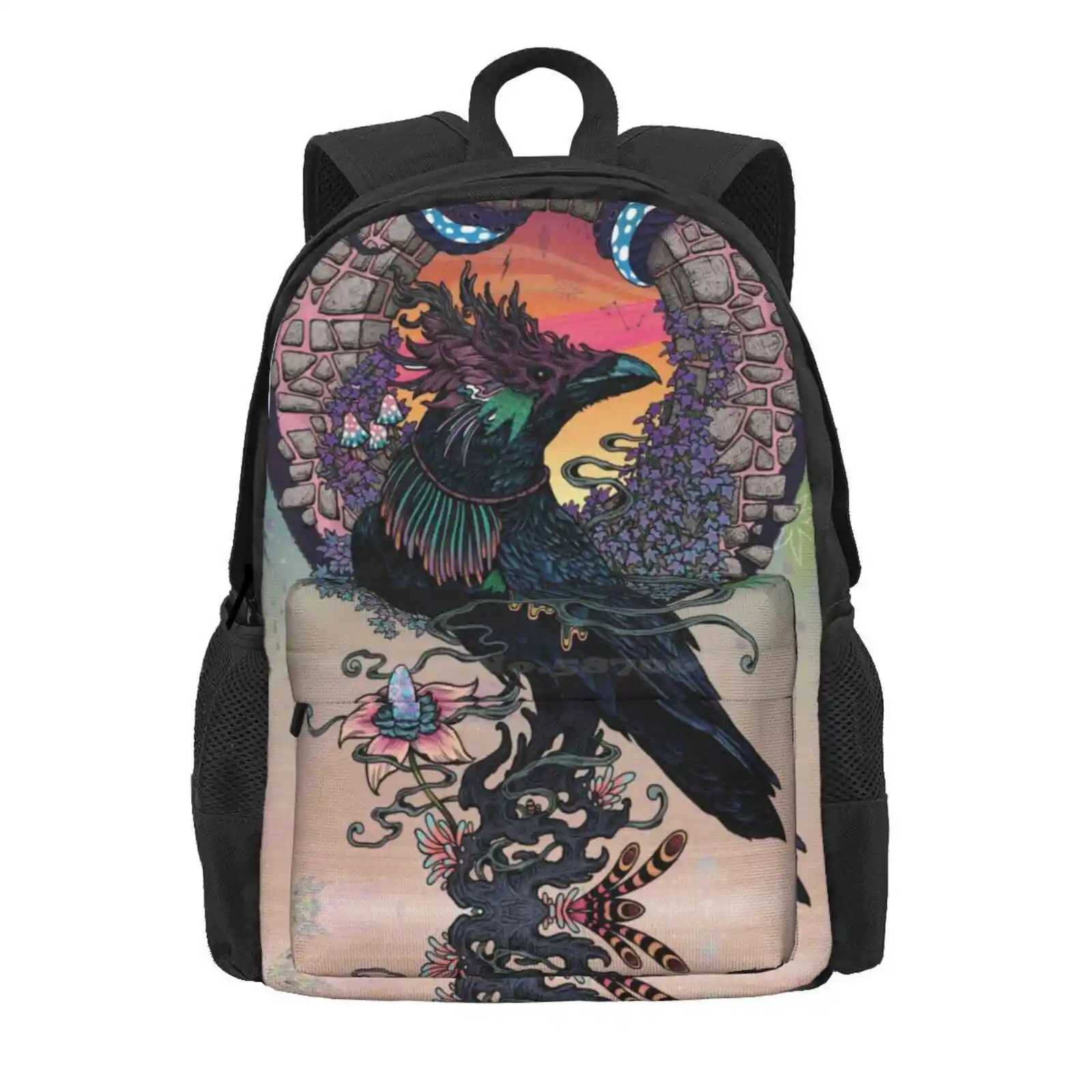 Oracle Hot Sale Schoolbag Backpack Fashion Bags Crow Raven Psychedelic Occult Magic Weed Bird Animals Fantasy