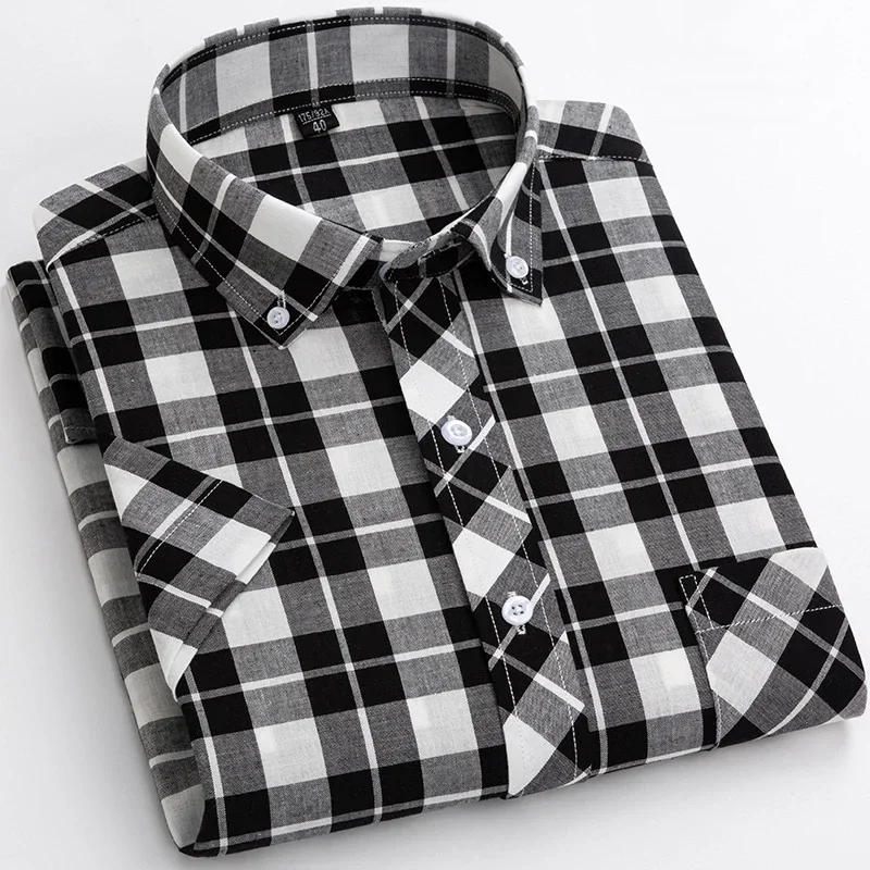 2024 Summer Cotton Plaid Short Sleeve Shirts For Men Plus Size Regular Fit Classic Young  England  Style Shirts Man\'s Clothing