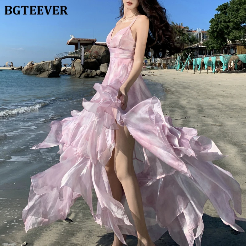 

BGTEEVER Casual Slim Waist Ladies Irregular Strapless Midi Dress Summer Fashion Women Sleeveless A-line Printed Dress