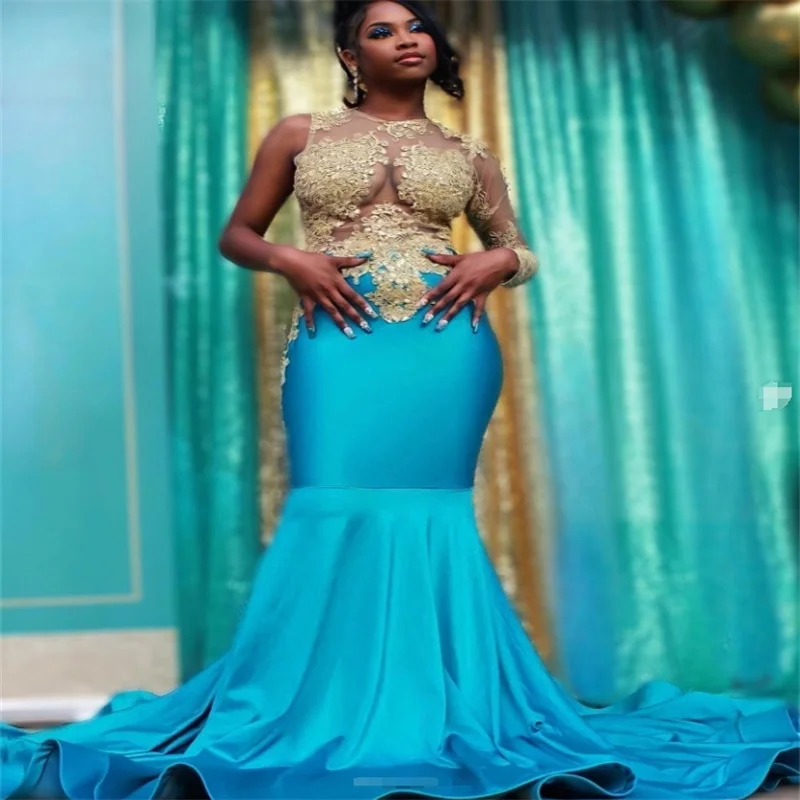 Blue And Gold Prom Dresses For Black Girls One Shoulder Long Sleeve Mermaid Evening Dress Appliques Plus Size Party Customized