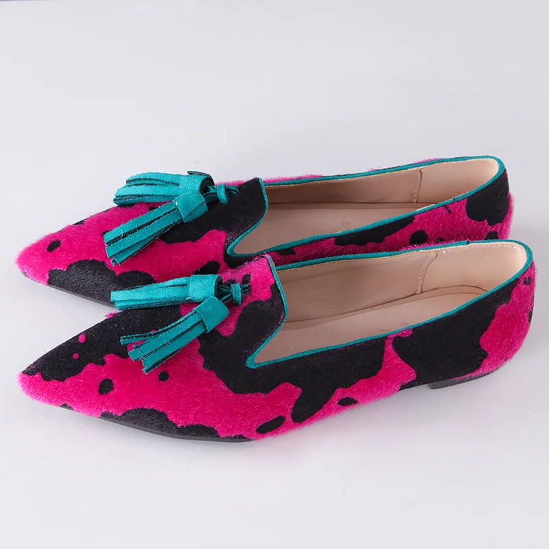 Fuchsia Horsehair Tassel Flats Shoes Milk Leopard Pointed Toe Slip On Women Loafer Shoes Leisure Casual Shoes