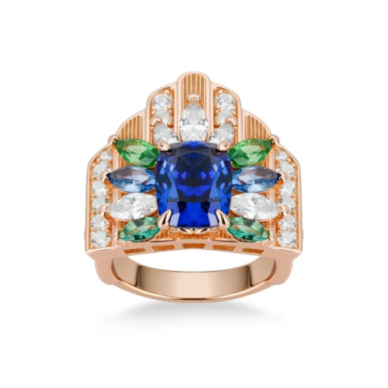 Bellux 925 Silver Synthetic Spinel Lab Grown Sapphire Rose Gold White Diamond Green Leaf Castle Shaped Ring