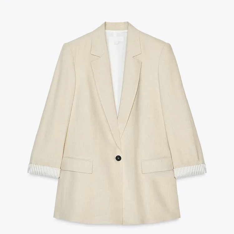 

Spring New Arrival Women's Blouse Linen Mixed Fabric Suit Jaet Long Sve round Ne Regular Length Pure Color Commute Sle