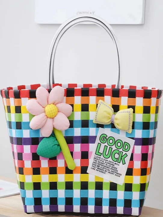 

Handwoven Basket Bag Creative Souvenir Gift Children's Beach Bag Open Top Ladies' Bag Vertical Square ape Storage Bag