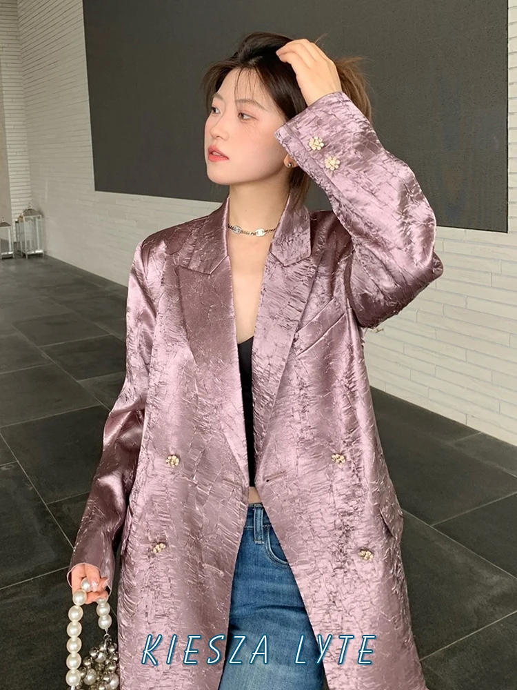 

Textural sense Design Satin Jacket Stylish Purple Loose Casual Suit Acetate Luxury Blazer for Women korean reviews many clothes