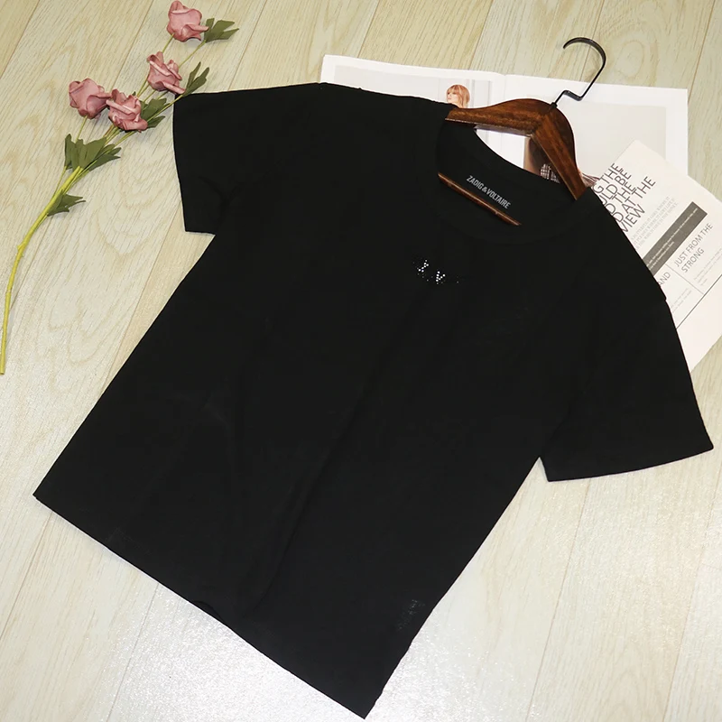 봄 신상 여성용 라운드 넥 티셔츠 레터 프린트 라인스톤 장식 캐주얼 루즈핏 폴리에스터 혼방 티