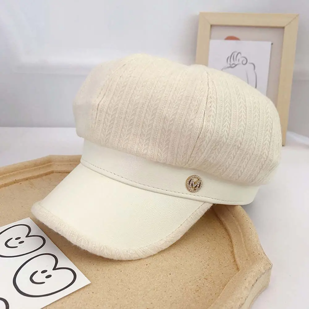 Girl Warm Autumn British Style With Diamond Little Fragrant Style Winter Women Berets Korean Style Hat Painter Hat PU Leather