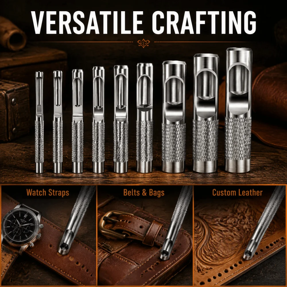 9pcs Portable Durable Leather Hole Puncher Sharp Portable Belts Hole Punch Tool Manual Chisel Punch For Home Workshop