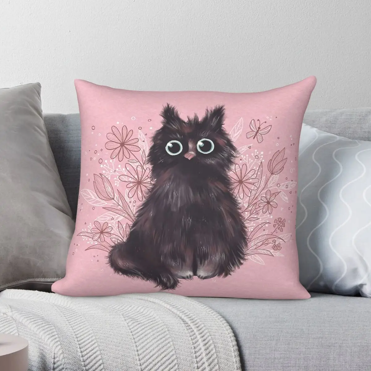 Black Kitty Square Pillowcase Polyester Linen Velvet Creative Zip Decorative Throw Pillow Case Bed Cushion Cover