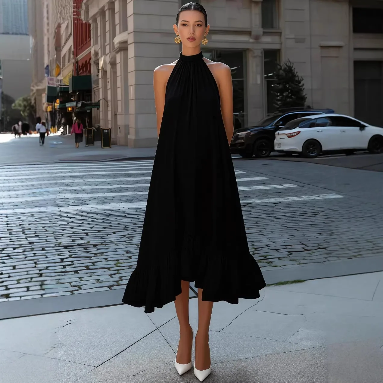 

2026 New Hanging Neck Pleated Drop Sensation Vacation Style Ruffle Mid-Length A-Line Skirt