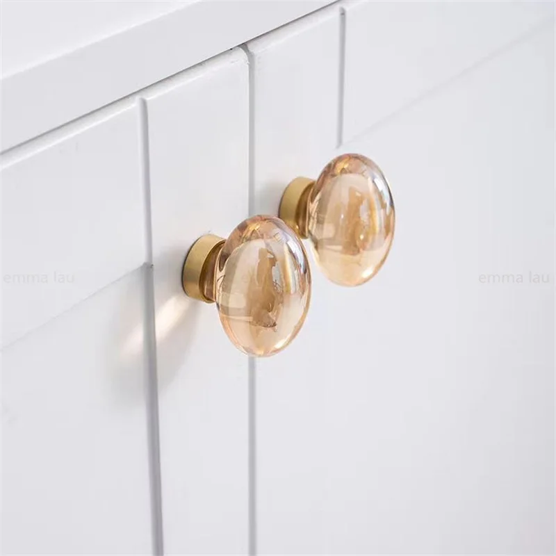 2Pcs Brass Crystal Furniture Handle Door Knobs Luxury Round Cabinet Door Handles For Drawer Wardrobe Kitchen Pulls Decoration