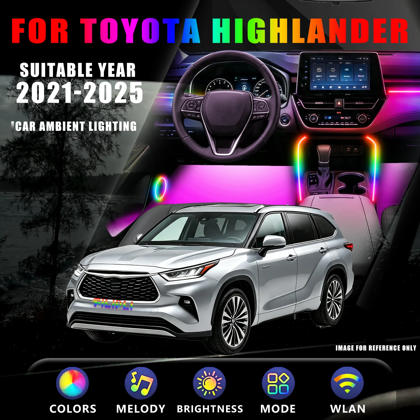 FOR TOYOTA Highlander 2021-2025 YEAR DREAM COLOR 6 Lights car ambient light kit entry carpet welcome glow music beat sync invisible clip mount app preset light show interior accessory