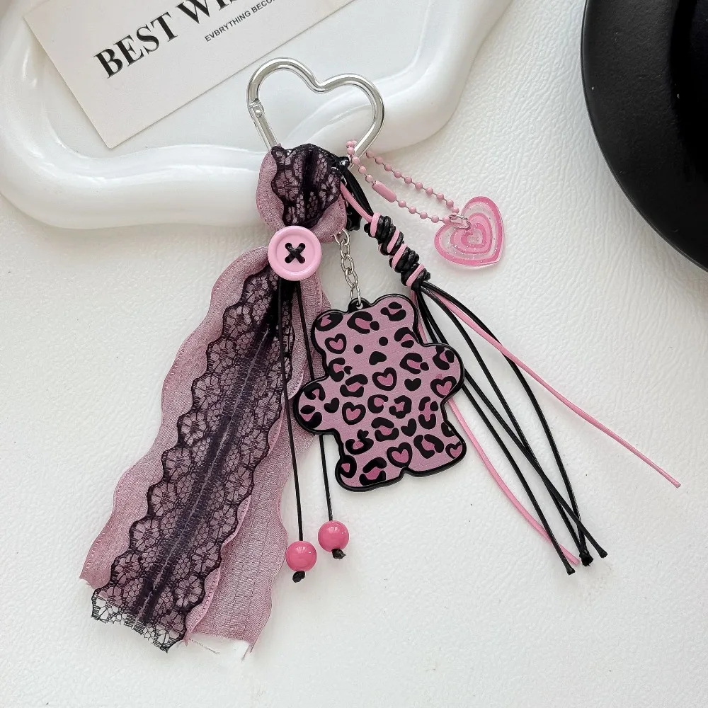Sweet Cool Leopard Bear Lace Bag Charm Keychain Y2K Hot Girl Purse Pendant with Heart Unique Backpack Decor Accessory for Women