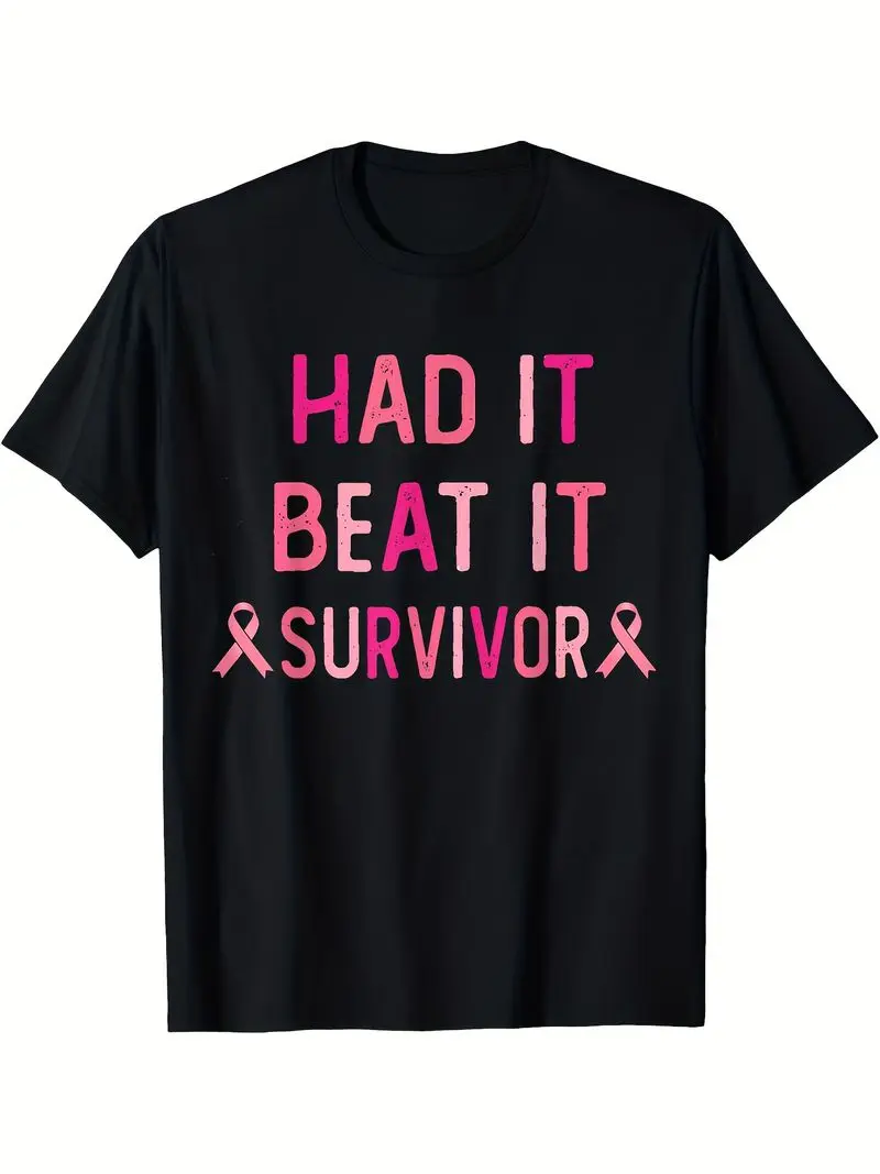 Had It Beat It Survivor Breast Cancer Awareness Women T-Shirt Hair Printed T-Shirt Comfortable Breathable, Casual Short Sleeve,