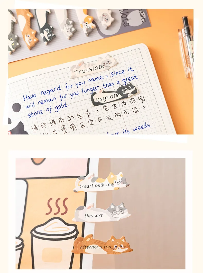 180 Blatt Haftnotizen mit Cartoon-Tieren, Kawaii-Katzen-Index-Tabs, Aufkleber, Etikettenpapier, Notizblöcke – Detail 9