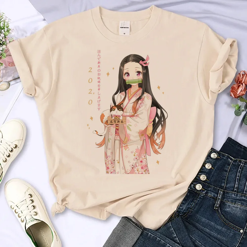 Demon Slayer Pattern T Shirt Women Y2K Girl Y2k Clothes Plus Size O-Neck Tops Summer Beige Fashion T-shirt Cotton clothes