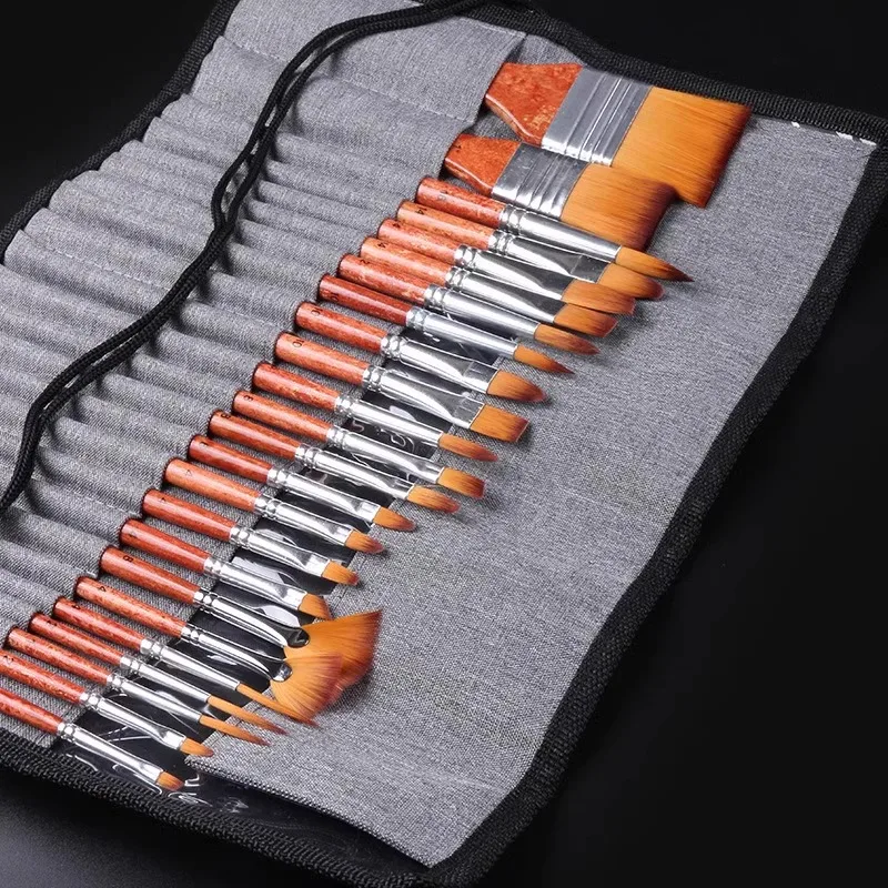 24 pezzi set di pennelli in nylon raschietto penna tenda asta marrone forme diverse per pittura a olio ad acquerello a guazzo forniture artistiche di cancelleria
