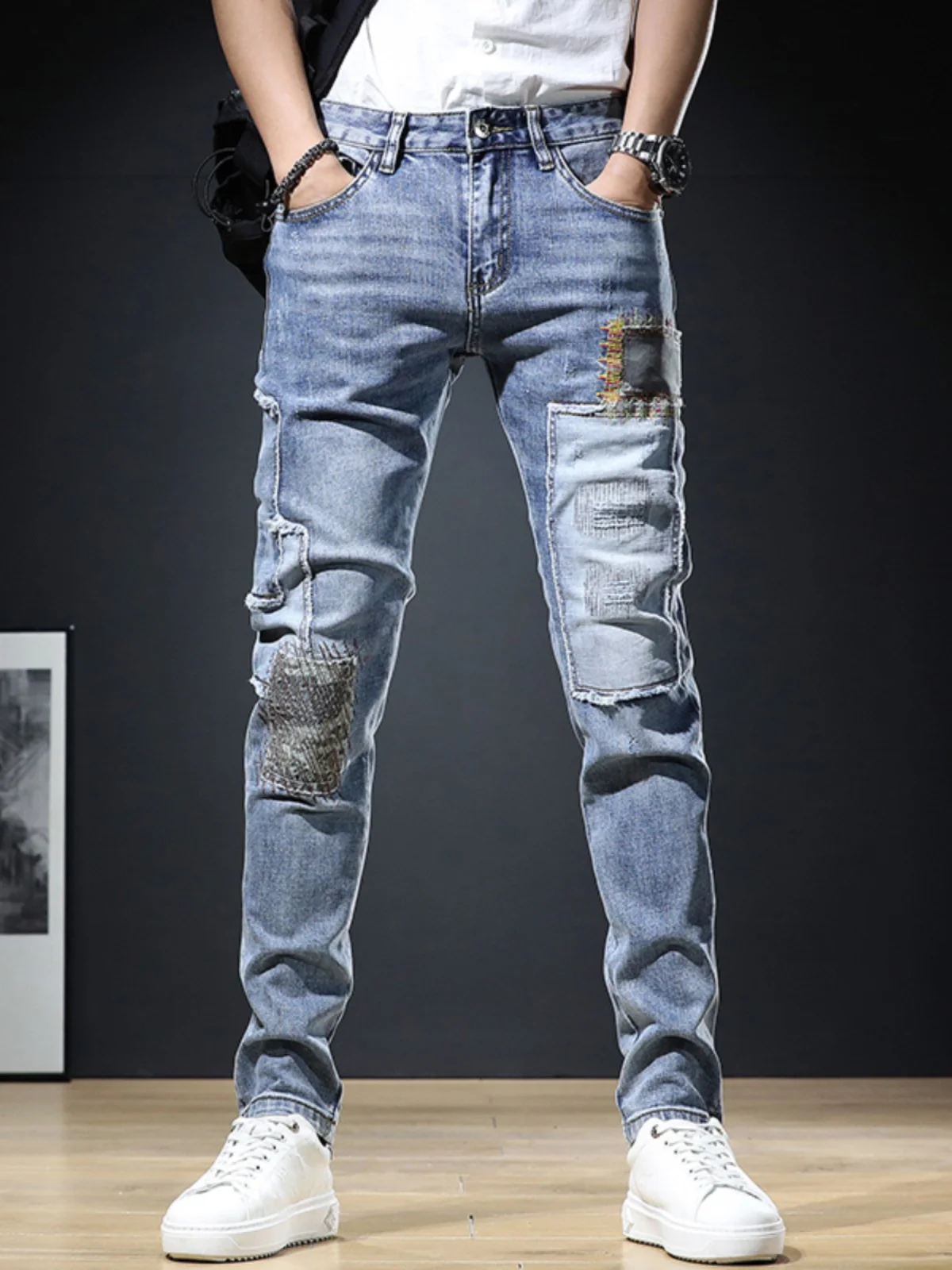 Primavera 2025 Faion Jeans da uomo elastici Patchwork Riparazione Pantaloni in denim slim fit Pantaloni lunghi casual da gioventù Cerniera a vita media