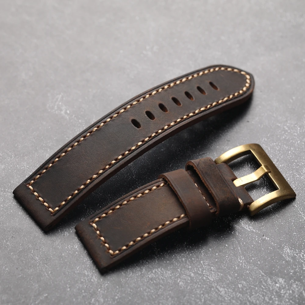 Handmade Crazy Horse Leather Genuine Leather Bracelet 20MM 22MM 24MM 26MM Thick Rugged Style Copper Buckle Men\'s Watch Strap