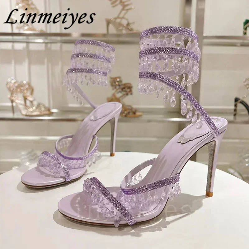 Sandalias de tacón alto de lujo para mujer, cuentas de cristal, hilo de serpiente alrededor del tobillo, zapatos de boda, sandalias de gladiador de verano para mujer