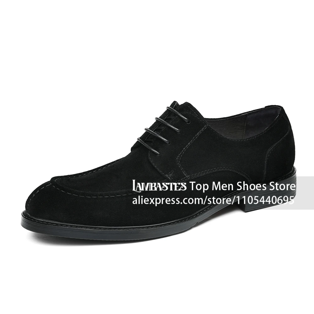 Cow Suede Round Toe Lace Up Dress Shoes Low Heel Formal Work Derby Shoes Polished Matte Suede Daily Office Dress Shoes for Men