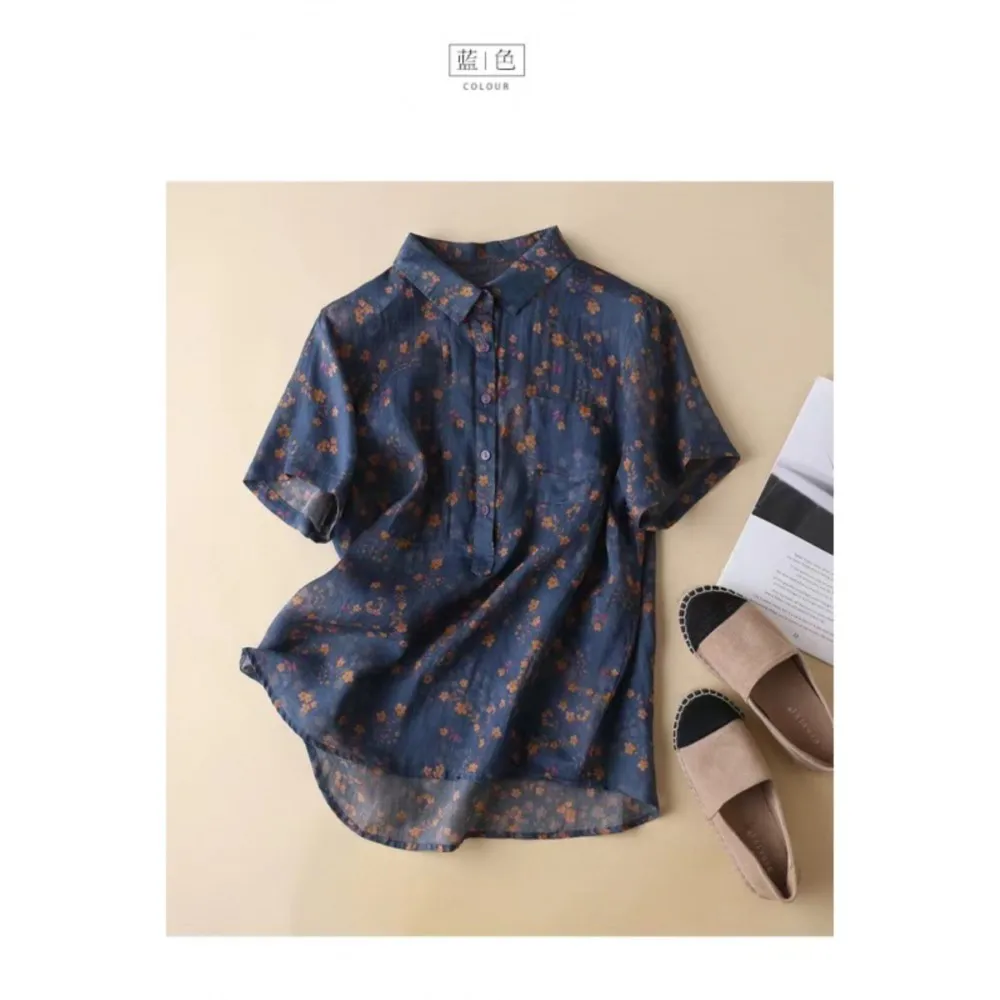 Retro Printed Pocket Patchwork Shirt For Women's Summer 2025 New Forest Style Lapel Cotton Linen Floral Short Sleeved Blouses