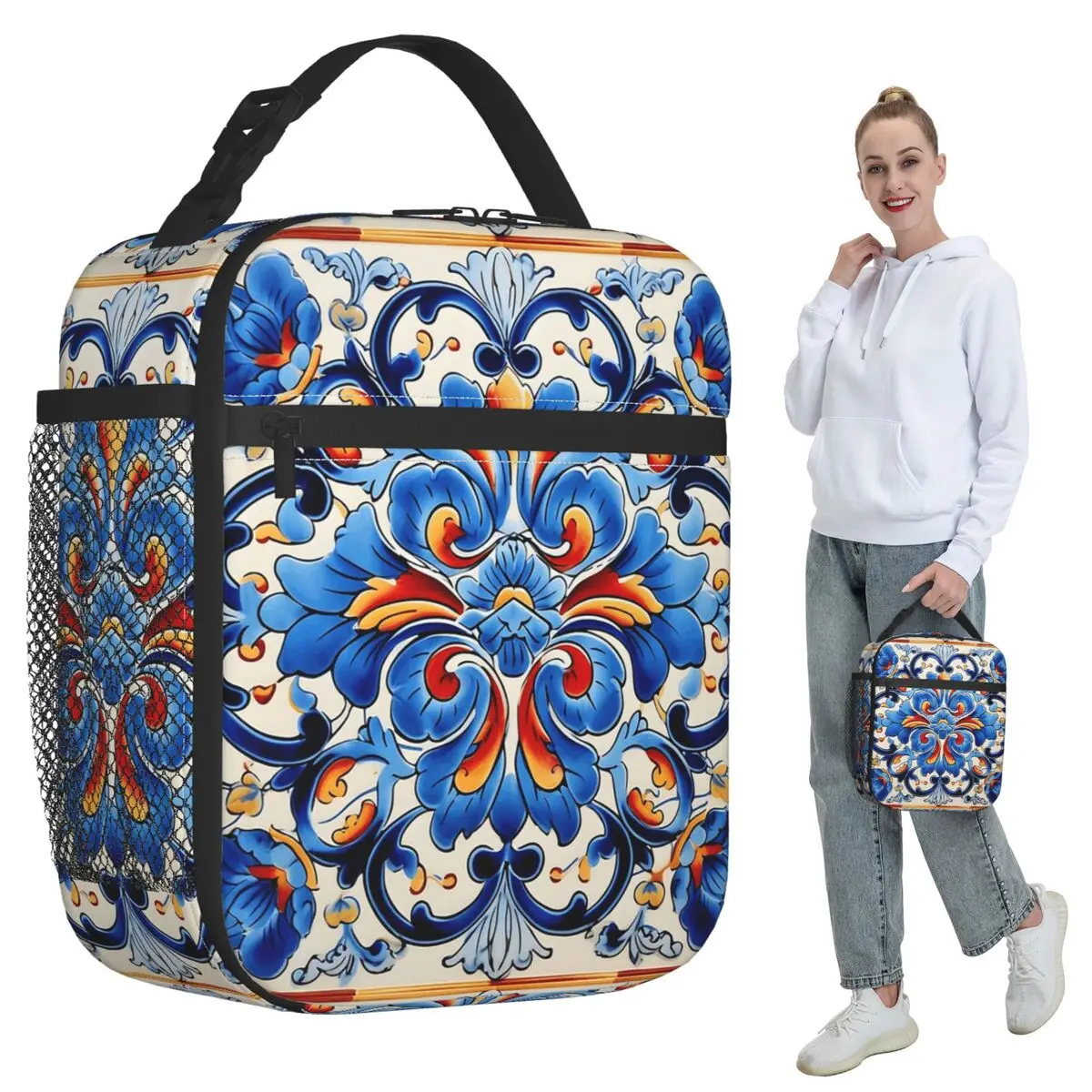 Decorative Spanish Ceramic Tile Print Insulated Lunch Bag Office Cooler Thermal Food Box Tote Portable Lunch Boxes Container