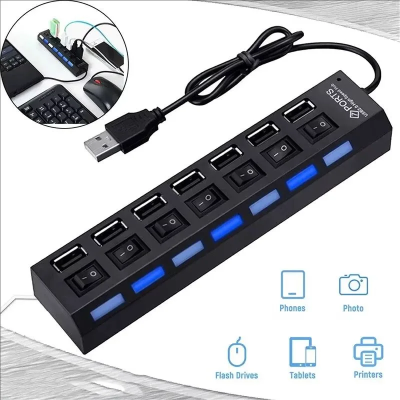 Adaptador USB HUB Switch Hub 2,0 de alta velocidad Multi 7 puertos USB Hub On Off divisor portátil para ordenador portátil