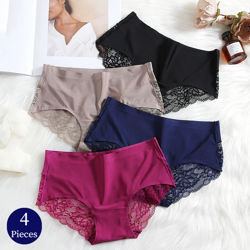 BZEL 4PCS/Set Women\'s Panties Exquisite Lace Briefs Breathable Female Underwear Satin Sexy Lingerie Sweet Comfortable Underpants