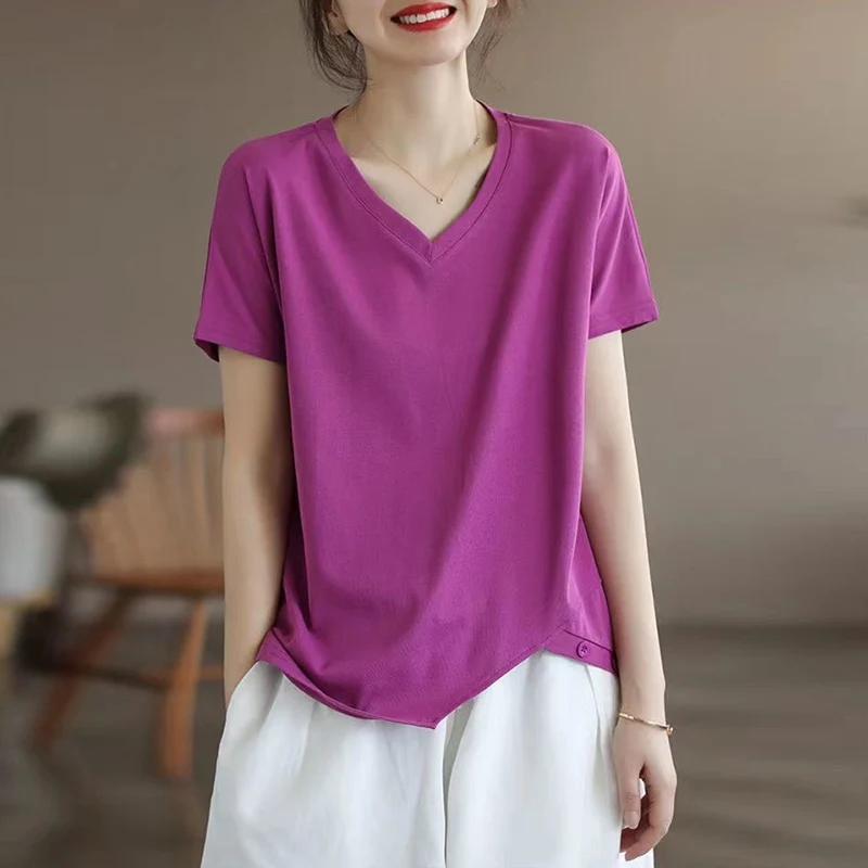 

plus Size Women's V-Ne ort Sve T-irt Breathable Loose Fit Summer Faionable Slimming Belly Covering Top Purple