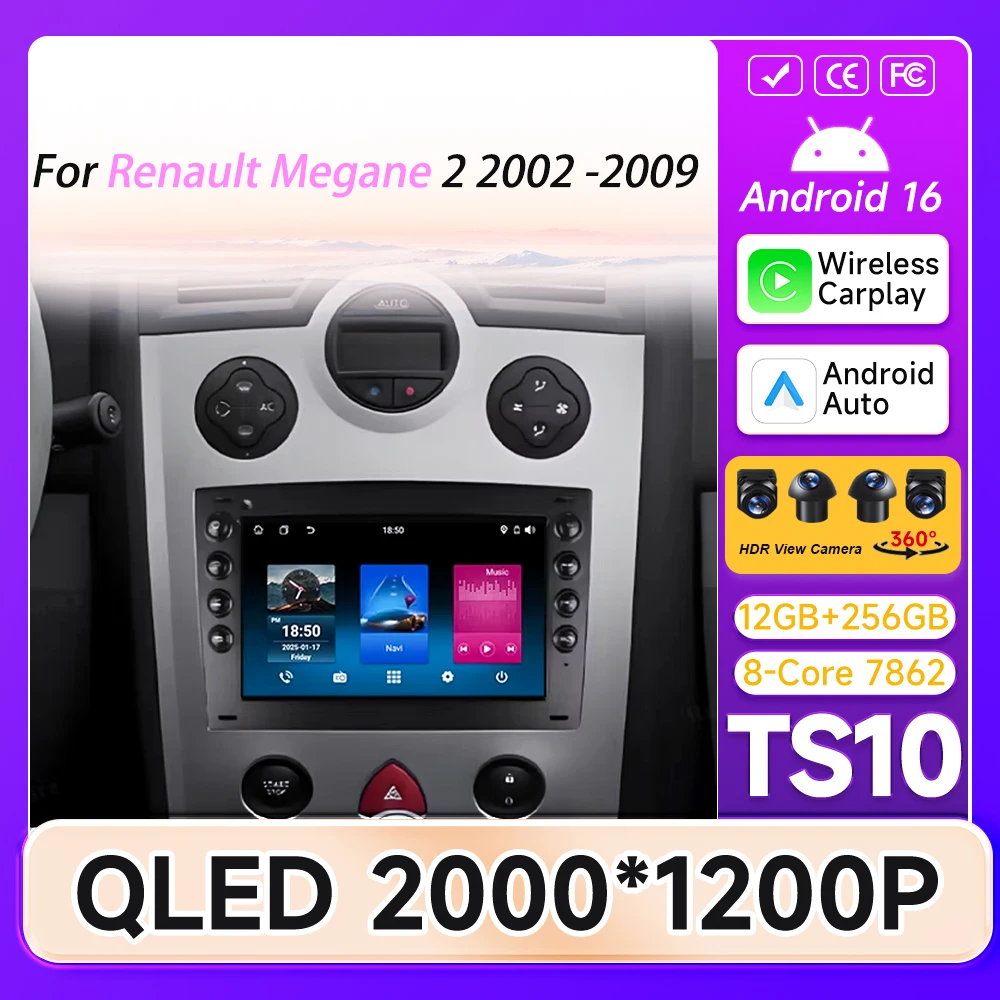 Android Auto For Renault Megane 2 2002 -2009 GPS Navigation No 2din Car Radio 5G Wifi Stereo Automotive Multimedia Display DVD
