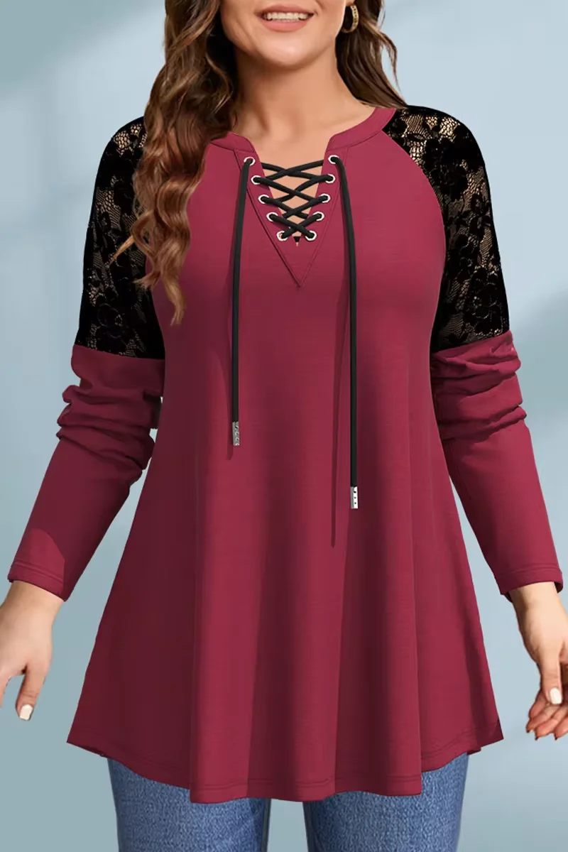 Damska koszulka z długim rękawem Plus Size Casual Burgundy Lace Stitching Lace-Up V Neck Autumn Spring Fashion Basic Soft Tee Top 2024