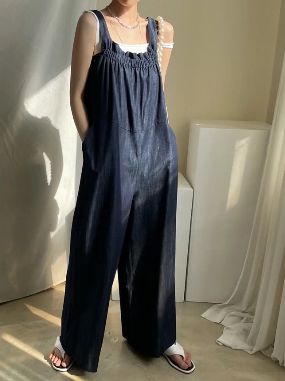 

Шикарный летний повседневный свободный комбинезон с широкими штанинами, длинные брюки, плиссированные универсальные универсальные универсальные комбинезоны на бретельках, женская одежда