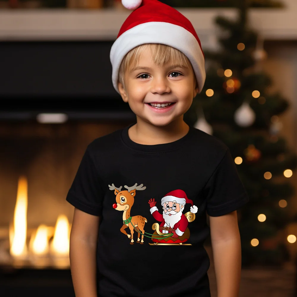 Cute Santa Claus & Deer Printed Children Clothing Holiday Xmas Short Sleeve Tee Toddler Round Neck Tops Christmas Outfits