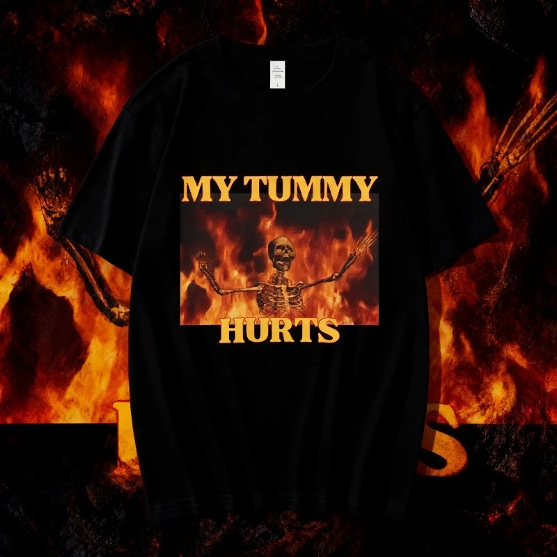 

2025 Summer My Tummy Hurts Funny Hard Skeleton Meme Men Fashion Vintage Sleeve Cozy Casual 100% Pure Cotton Printed T-shirt