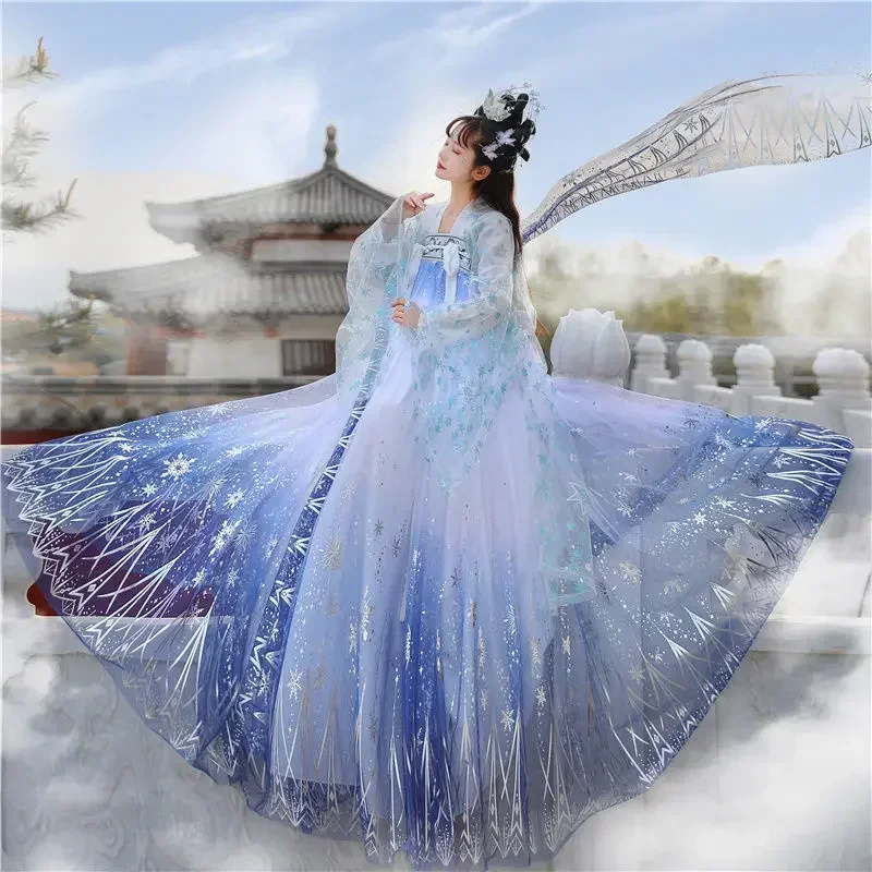 Vestido tradicional chinês hanfu para mulheres, vestido gradiente cintilante de lantejoulas estrela do carnaval, vestido formal de baile, presente de aniversário e Natal 2024